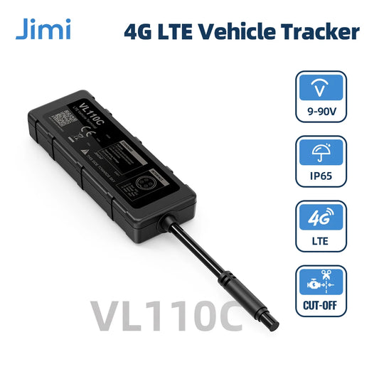 Jimi VL110C 4G LTE Automotive GPS Tracker 9-90V with IP65 waterproof rating and cut-off feature.