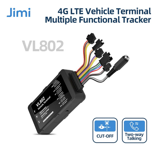 JIMI VL802 4G LTE Automotive GPS Tracker with multiple functions and wiring options.